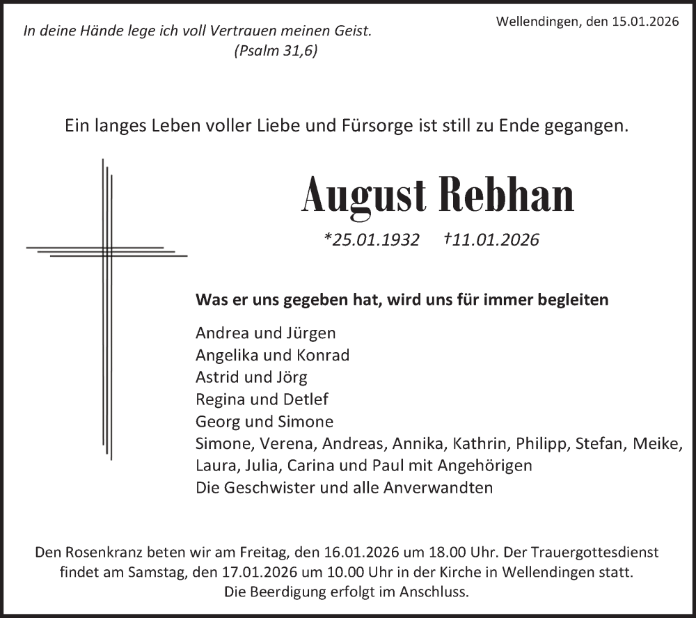  Traueranzeige für August Rebhan vom 15.01.2026 aus SÜDWEST PRESSE Zollernalbkreis/Hohenzollerische Zeitung