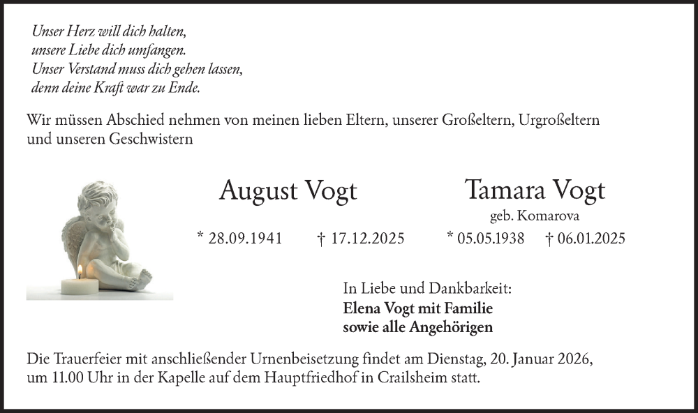  Traueranzeige für August Vogt vom 17.01.2026 aus Hohenloher Tagblatt