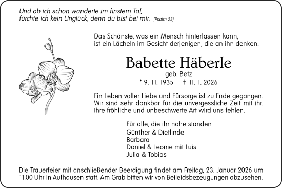 Traueranzeige von Babette Häberle von Geislinger Zeitung