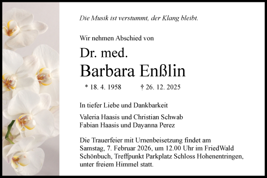 Traueranzeige von Barbara Enßlin von Schwäbische Tagblatt