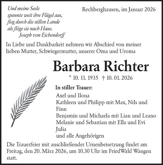 Traueranzeige von Barbara Richter von NWZ Neue Württembergische Zeitung