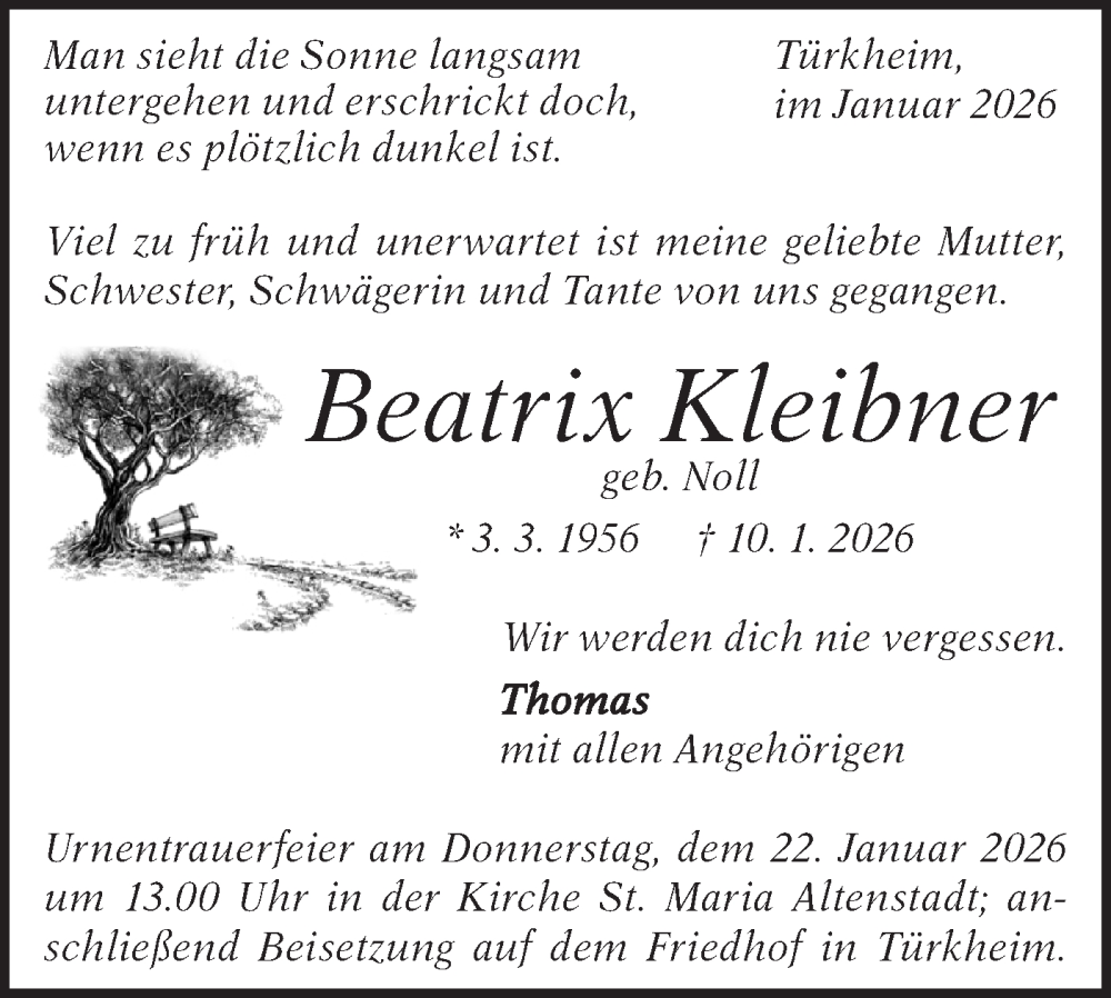  Traueranzeige für Beatrix Kleibner vom 16.01.2026 aus Geislinger Zeitung