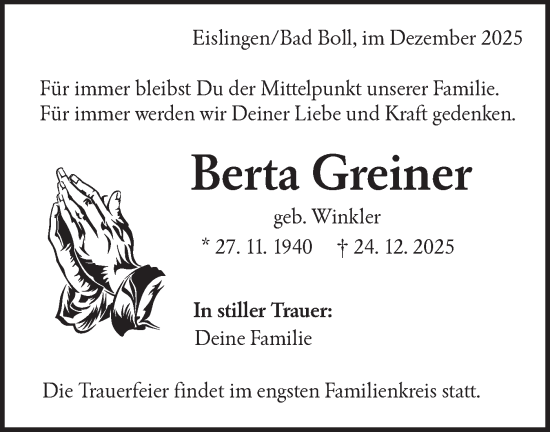Traueranzeige von Berta Greiner von NWZ Neue Württembergische Zeitung