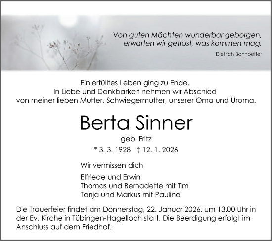 Traueranzeige von Berta Sinner von Schwäbische Tagblatt