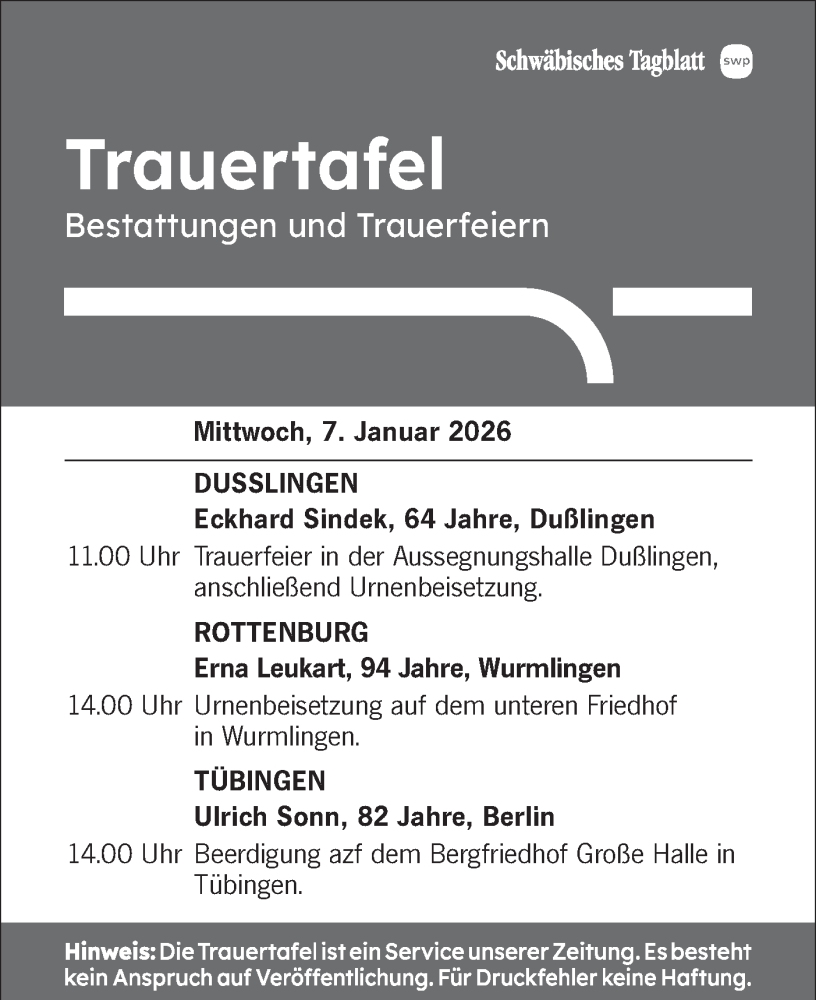  Traueranzeige für Bestattungen vom 07.01.2026 vom 07.01.2026 aus Schwäbische Tagblatt