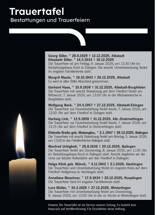 Traueranzeige von Bestattungen vom 07.01.2026 von SÜDWEST PRESSE Zollernalbkreis/Hohenzollerische Zeitung