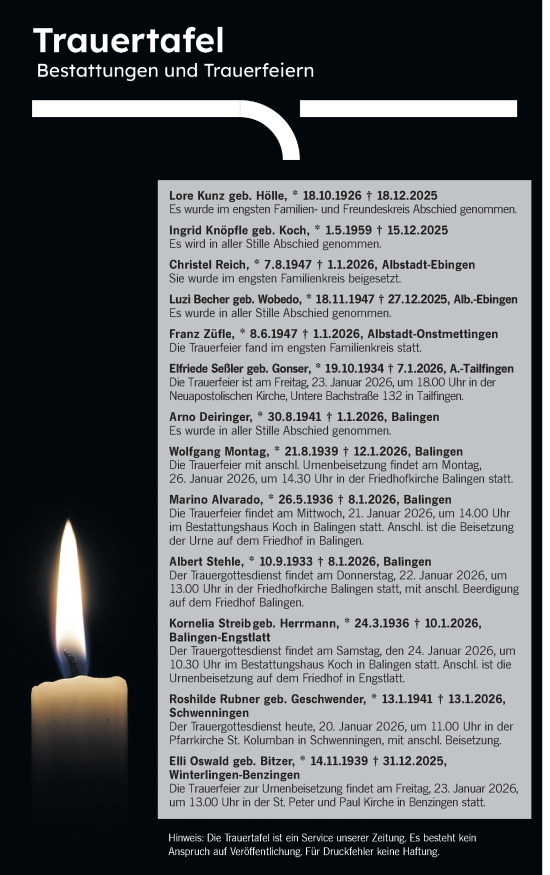 Traueranzeige von Bestattungen vom 20.01.2026 von SÜDWEST PRESSE Zollernalbkreis/Hohenzollerische Zeitung