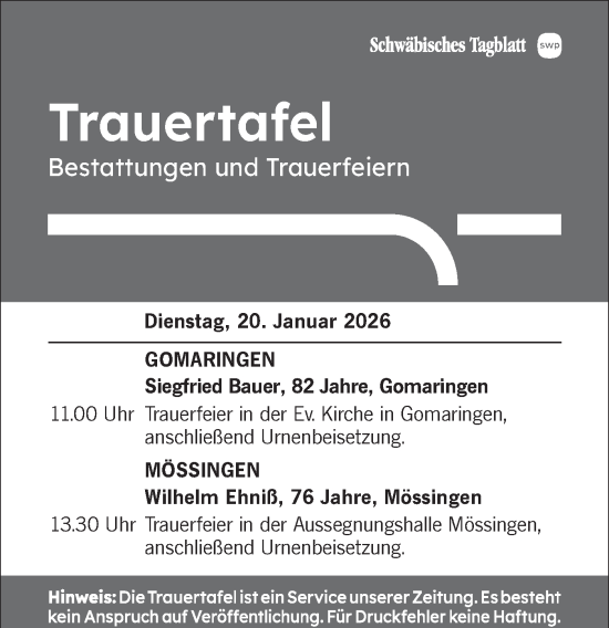 Traueranzeige von Bestattungen vom 20.01.2026 von Schwäbische Tagblatt