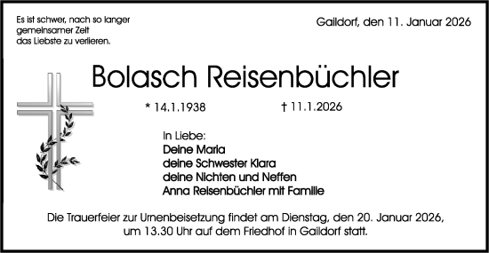 Traueranzeige von Bolasch Reisenbüchler von Rundschau Gaildorf