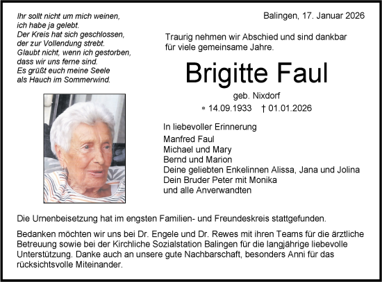 Traueranzeige von Brigitte Faul von SÜDWEST PRESSE Zollernalbkreis/Hohenzollerische Zeitung