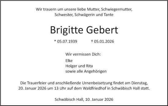 Traueranzeige von Brigitte Gebert von Haller Tagblatt