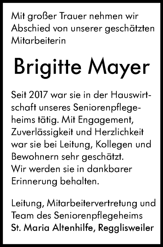 Traueranzeige von Brigitte Mayer von SÜDWEST PRESSE Ausgabe Ulm/Neu-Ulm