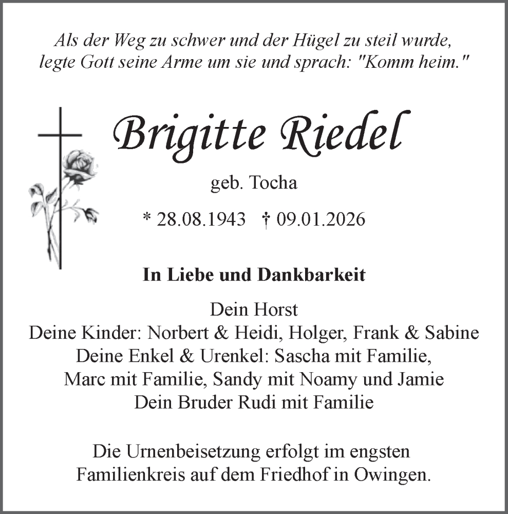  Traueranzeige für Brigitte Riedel vom 17.01.2026 aus SÜDWEST PRESSE Zollernalbkreis/Hohenzollerische Zeitung