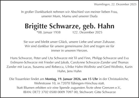 Traueranzeige von Brigitte Schwarze von Schwäbische Tagblatt