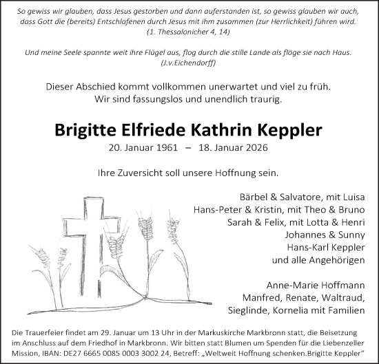 Traueranzeige von Brigitte Elfriede Kathrin Keppler von SÜDWEST PRESSE Ausgabe Ulm/Neu-Ulm