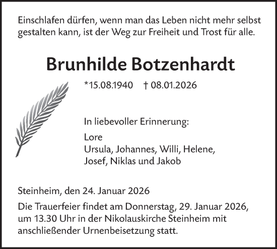 Traueranzeige von Brunhilde Botzenhardt von SÜDWEST PRESSE Ausgabe Ulm/Neu-Ulm