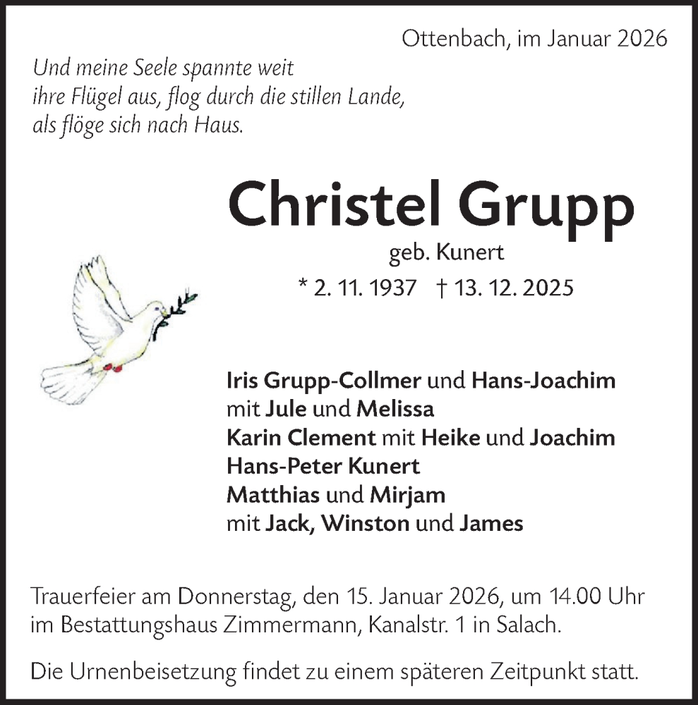  Traueranzeige für Christel Grupp vom 10.01.2026 aus NWZ Neue Württembergische Zeitung