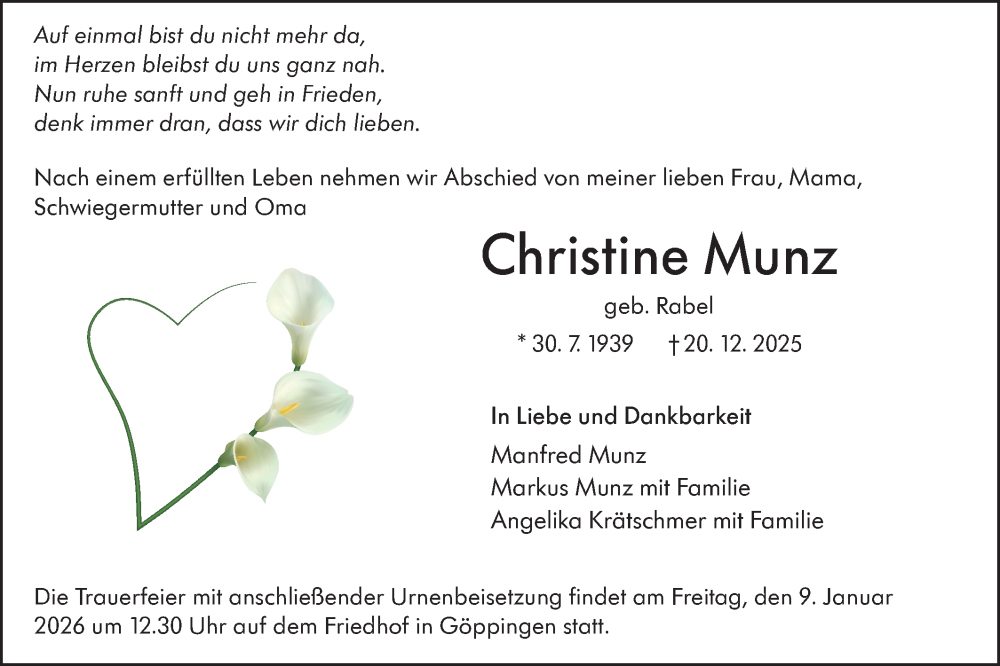 Traueranzeige für Christine Munz vom 03.01.2026 aus NWZ Neue Württembergische Zeitung