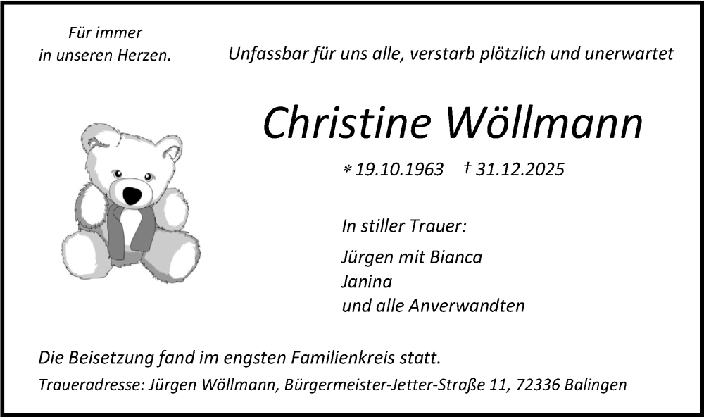  Traueranzeige für Christine Wöllmann vom 16.01.2026 aus SÜDWEST PRESSE Zollernalbkreis/Hohenzollerische Zeitung