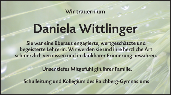 Traueranzeige von Daniela Wittlinger von SÜDWEST PRESSE Ausgabe Ulm/Neu-Ulm