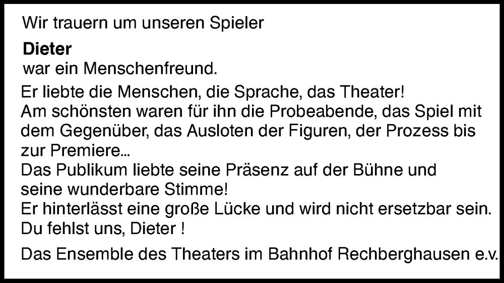  Traueranzeige für Dieter  vom 24.01.2026 aus NWZ Neue Württembergische Zeitung