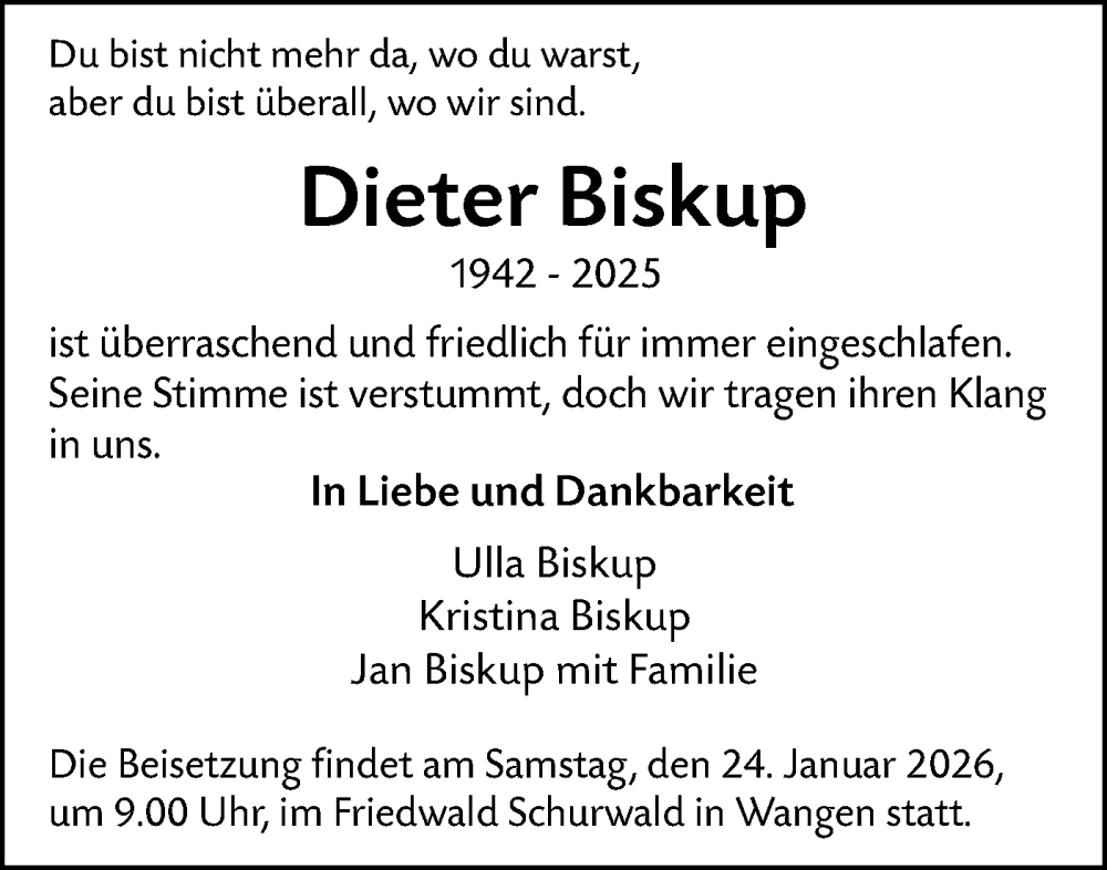  Traueranzeige für Dieter Biskup vom 17.01.2026 aus NWZ Neue Württembergische Zeitung