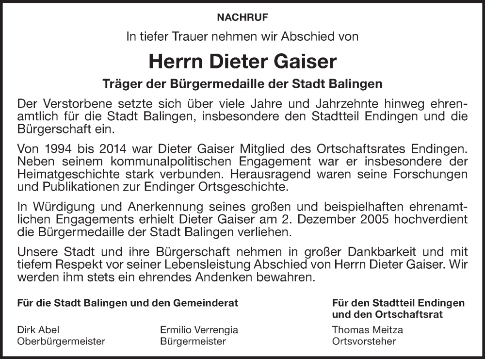  Traueranzeige für Dieter Gaiser vom 10.01.2026 aus SÜDWEST PRESSE Zollernalbkreis/Hohenzollerische Zeitung