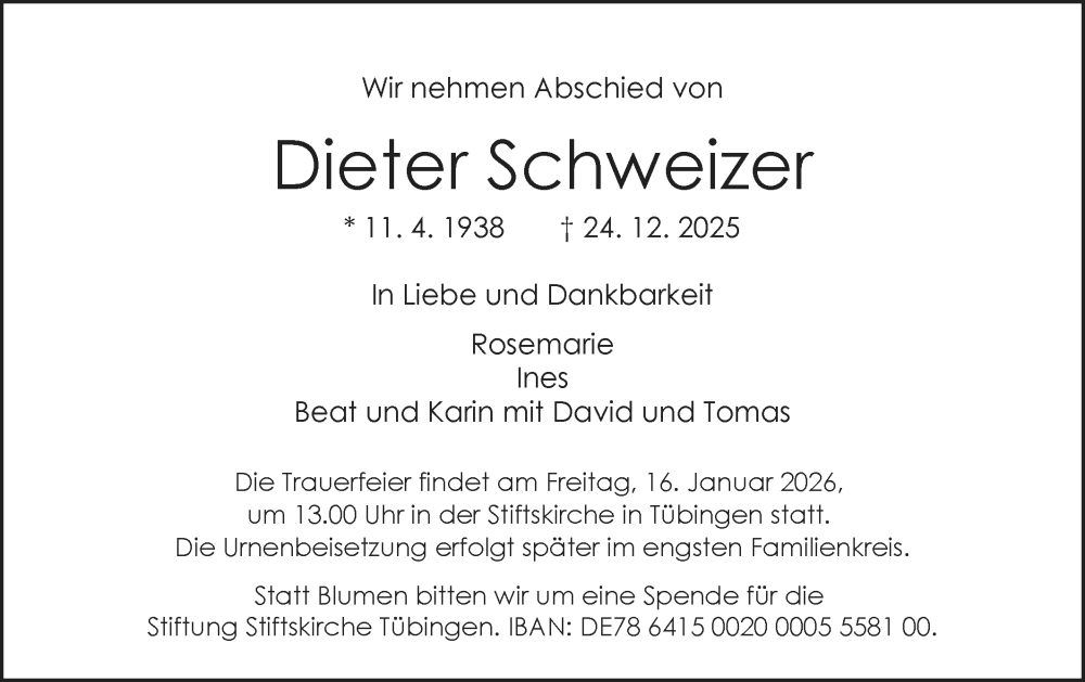  Traueranzeige für Dieter Schweizer vom 10.01.2026 aus Schwäbische Tagblatt