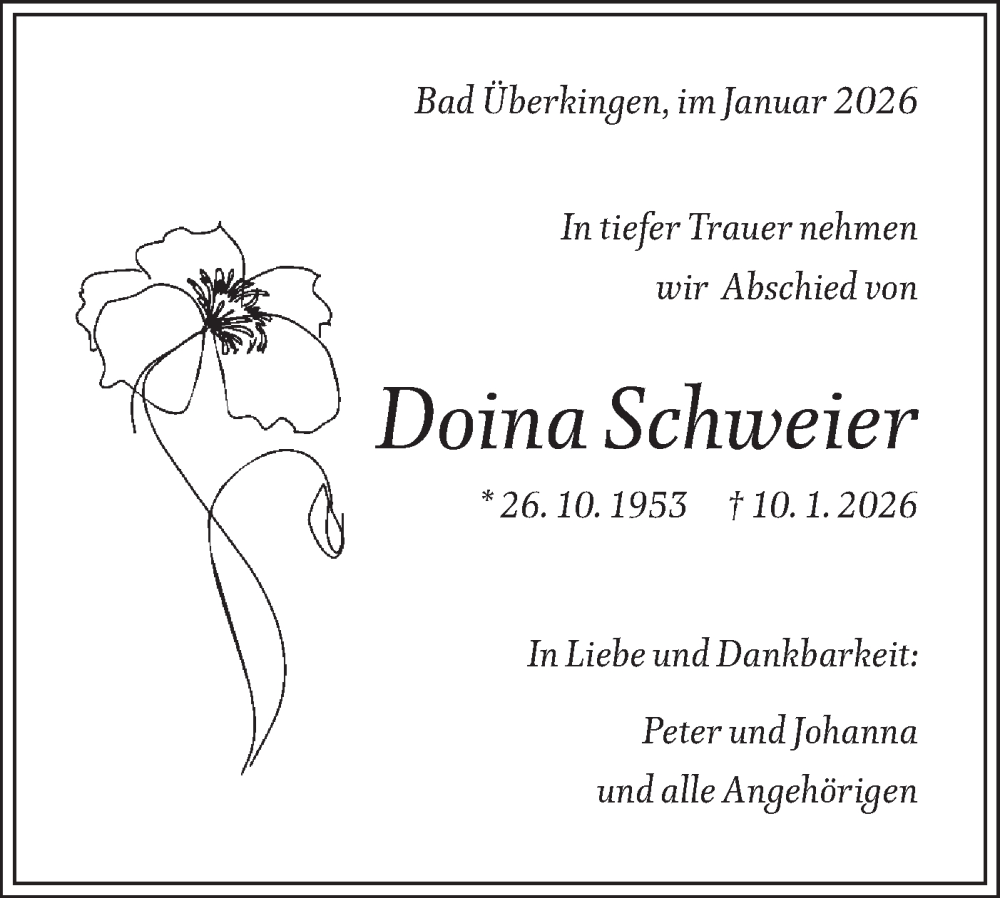  Traueranzeige für Doina Schweier vom 17.01.2026 aus Geislinger Zeitung