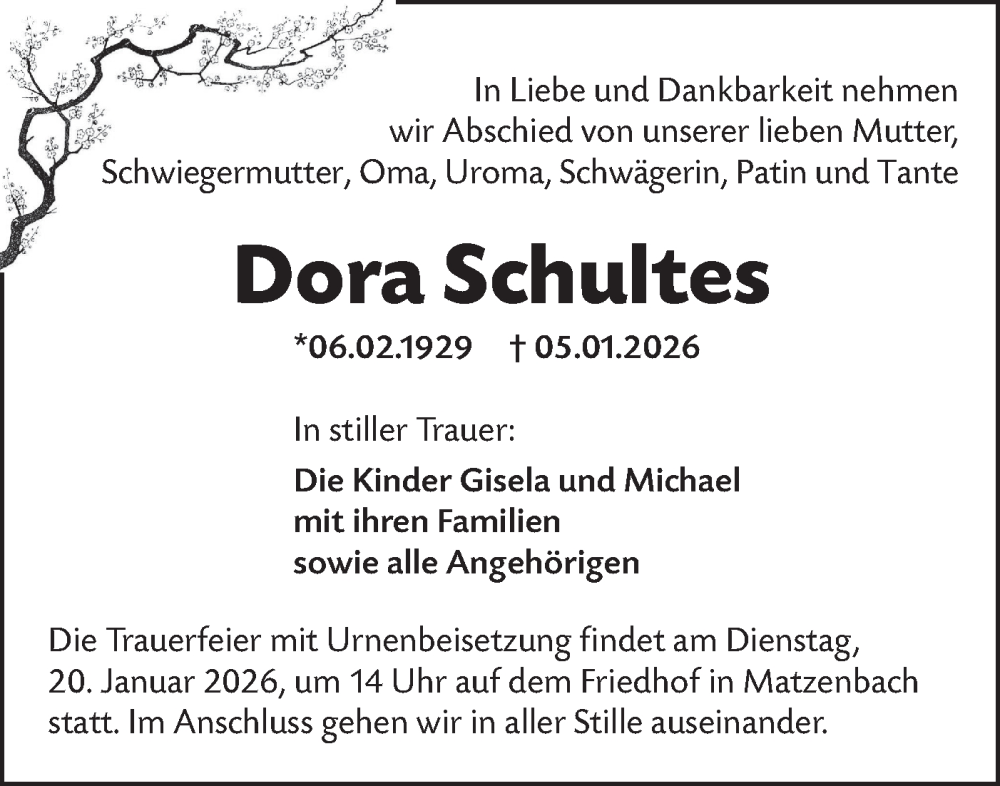  Traueranzeige für Dora Schultes vom 17.01.2026 aus Hohenloher Tagblatt