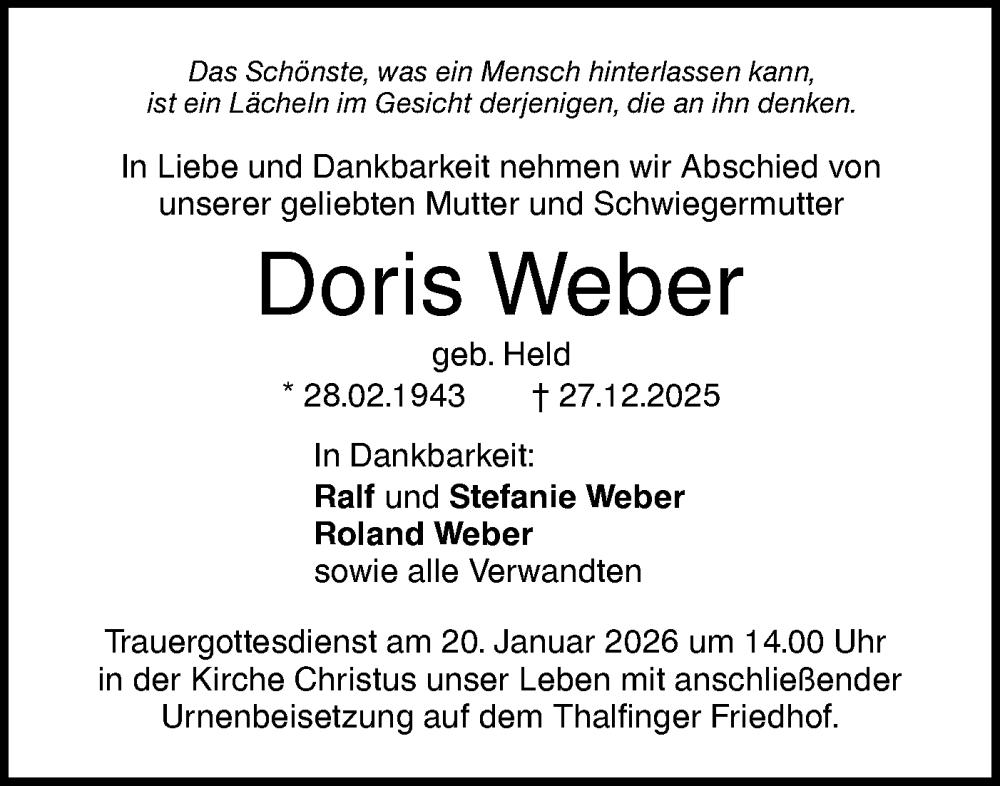  Traueranzeige für Doris Weber vom 17.01.2026 aus SÜDWEST PRESSE Ausgabe Ulm/Neu-Ulm