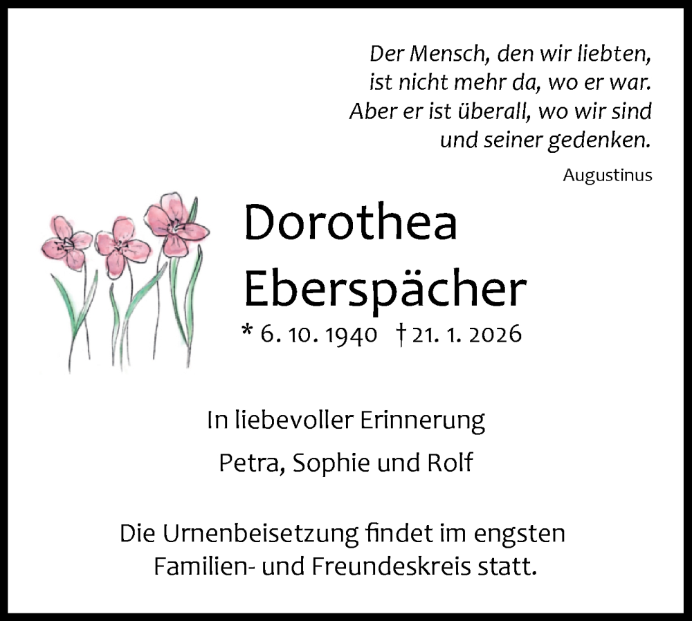  Traueranzeige für Dorothea Eberspächer vom 24.01.2026 aus Schwäbische Tagblatt