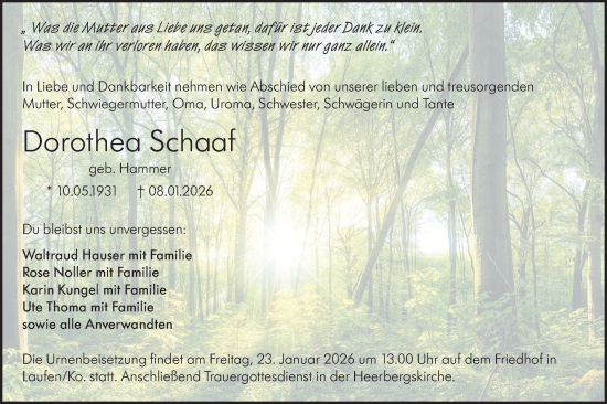 Traueranzeige von Dorothea Schaaf von Rundschau Gaildorf