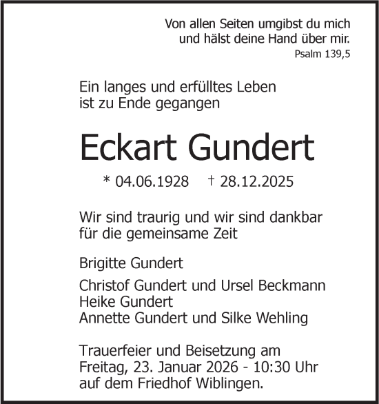 Traueranzeige von Eckart Gundert von SÜDWEST PRESSE Ausgabe Ulm/Neu-Ulm