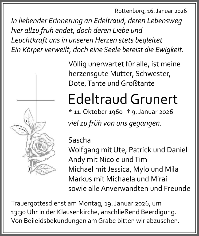  Traueranzeige für Edeltraud Grunert vom 16.01.2026 aus Schwäbische Tagblatt