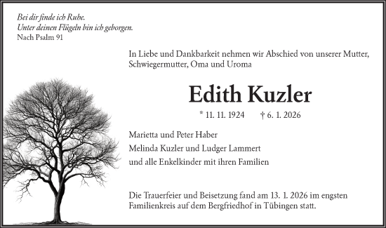 Traueranzeige von Edith Kuzler von Schwäbische Tagblatt