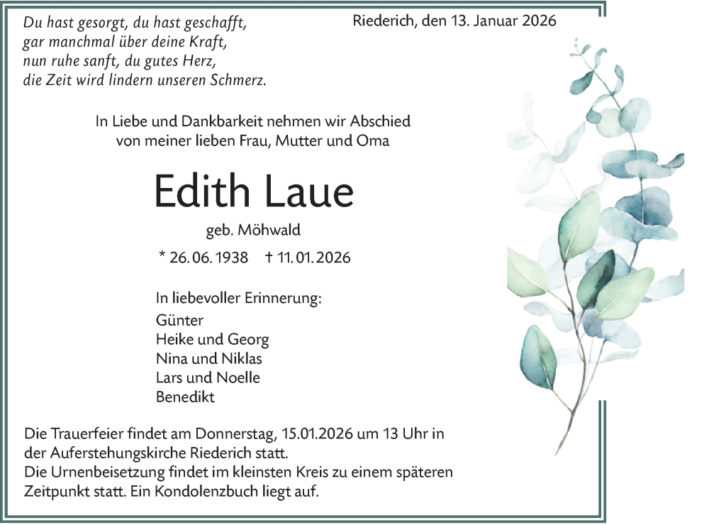 Traueranzeige für Edith Laue vom 13.01.2026 aus Alb-Bote/Metzinger-Uracher Volksblatt
