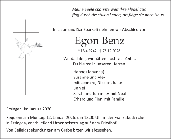 Traueranzeige von Egon Benz von Ehinger Tagblatt