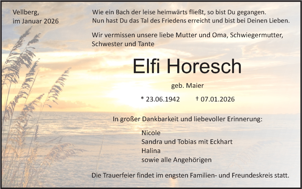  Traueranzeige für Elfi Horesch vom 17.01.2026 aus Haller Tagblatt