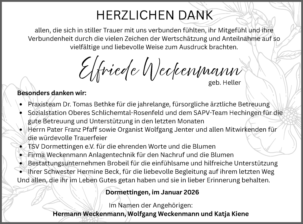  Traueranzeige für Elfriede Weckenmann vom 17.01.2026 aus SÜDWEST PRESSE Zollernalbkreis/Hohenzollerische Zeitung