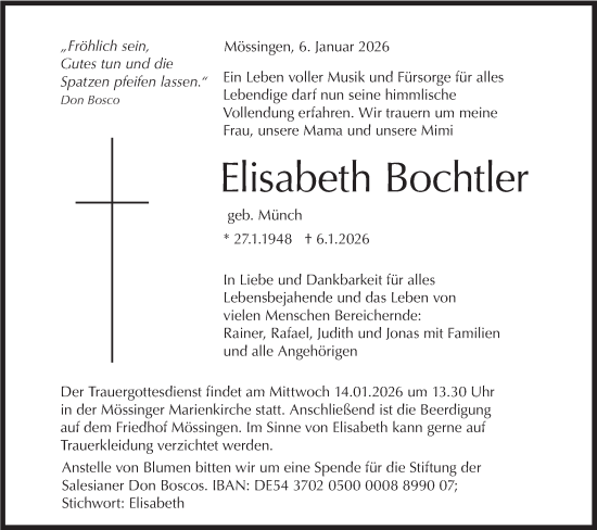 Traueranzeige von Elisabeth Bochtler von Schwäbische Tagblatt