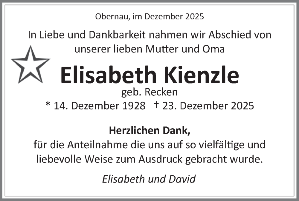  Traueranzeige für Elisabeth Kienzle vom 07.01.2026 aus Schwäbische Tagblatt