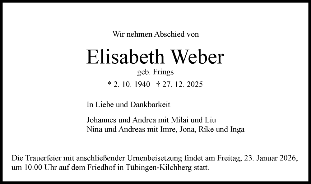  Traueranzeige für Elisabeth Weber vom 17.01.2026 aus Schwäbische Tagblatt