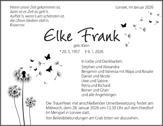 Traueranzeige von Elke Frank von SÜDWEST PRESSE Ausgabe Ulm/Neu-Ulm