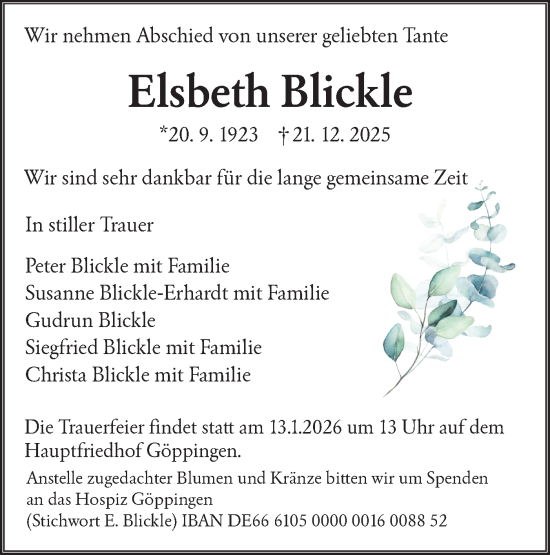 Traueranzeige von Elsbeth Blickle von NWZ Neue Württembergische Zeitung