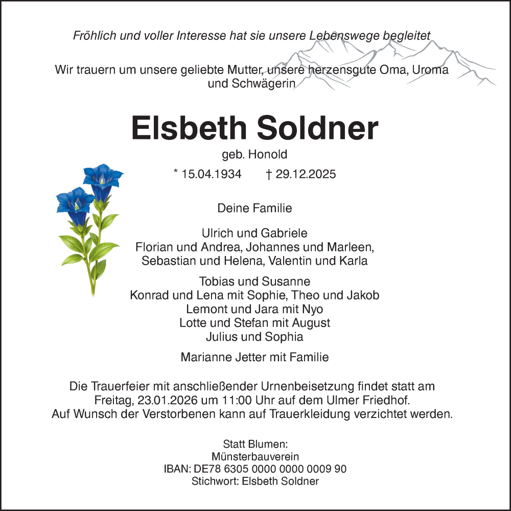  Traueranzeige für Elsbeth Soldner vom 17.01.2026 aus SÜDWEST PRESSE Ausgabe Ulm/Neu-Ulm