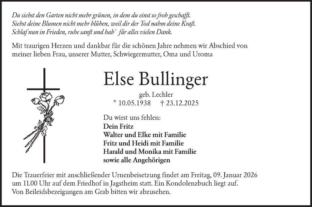  Traueranzeige für Else Bullinger vom 03.01.2026 aus Hohenloher Tagblatt