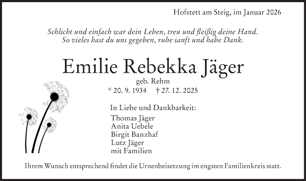  Traueranzeige für Emilie Rebekka Jäger vom 03.01.2026 aus Geislinger Zeitung