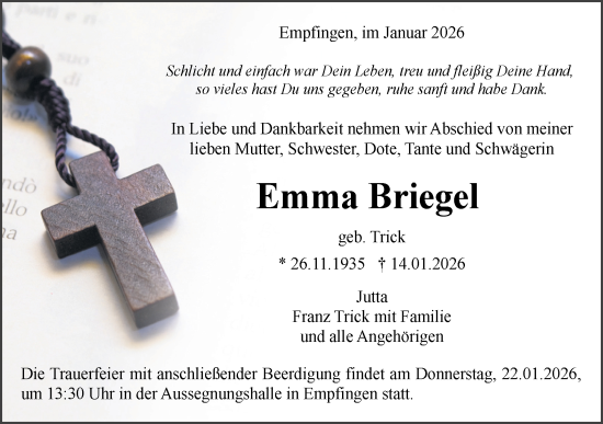 Traueranzeige von Emma Briegel von Neckar-Chronik