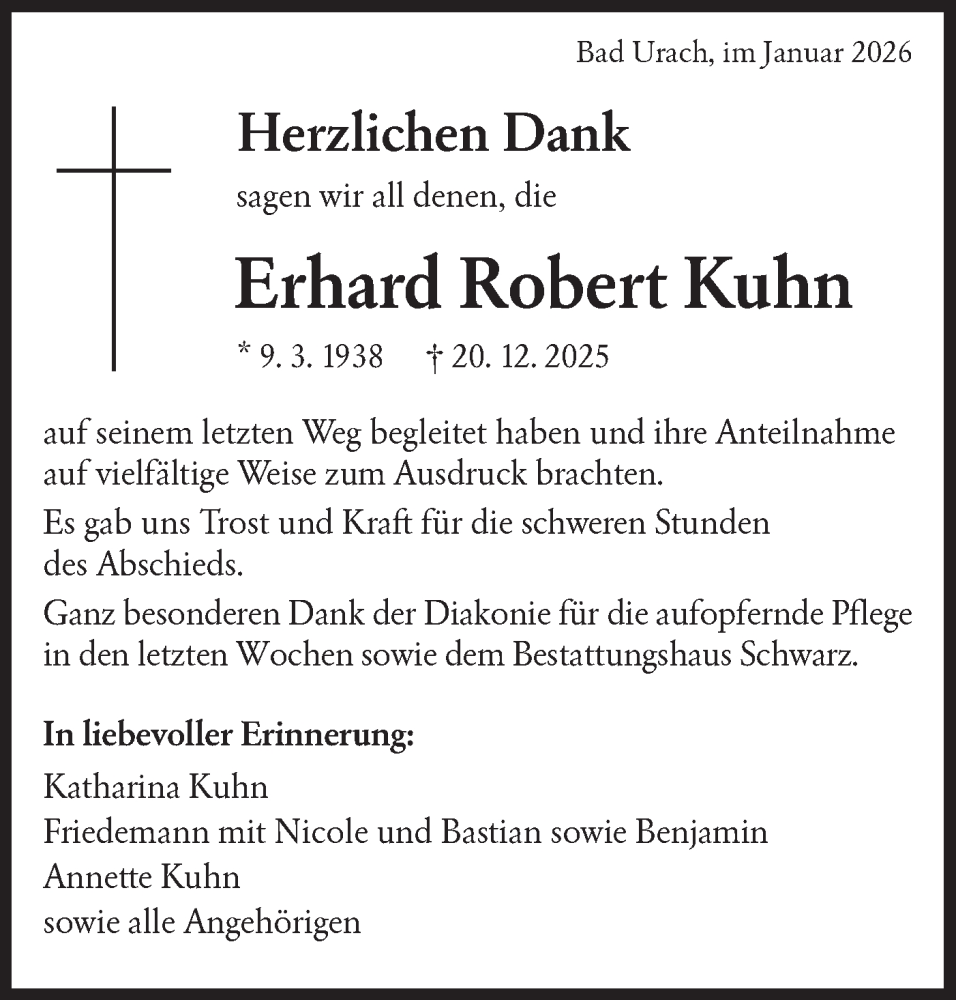  Traueranzeige für Erhard Robert Kuhn vom 10.01.2026 aus Alb-Bote/Metzinger-Uracher Volksblatt